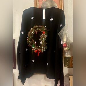 NWT merry & bright $78 poncho w crown Festive Black Sweater with Wreath Design